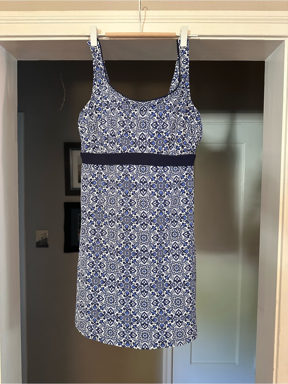 Lands' End Blue and White Swim Dresskini  14 DD Underwire
